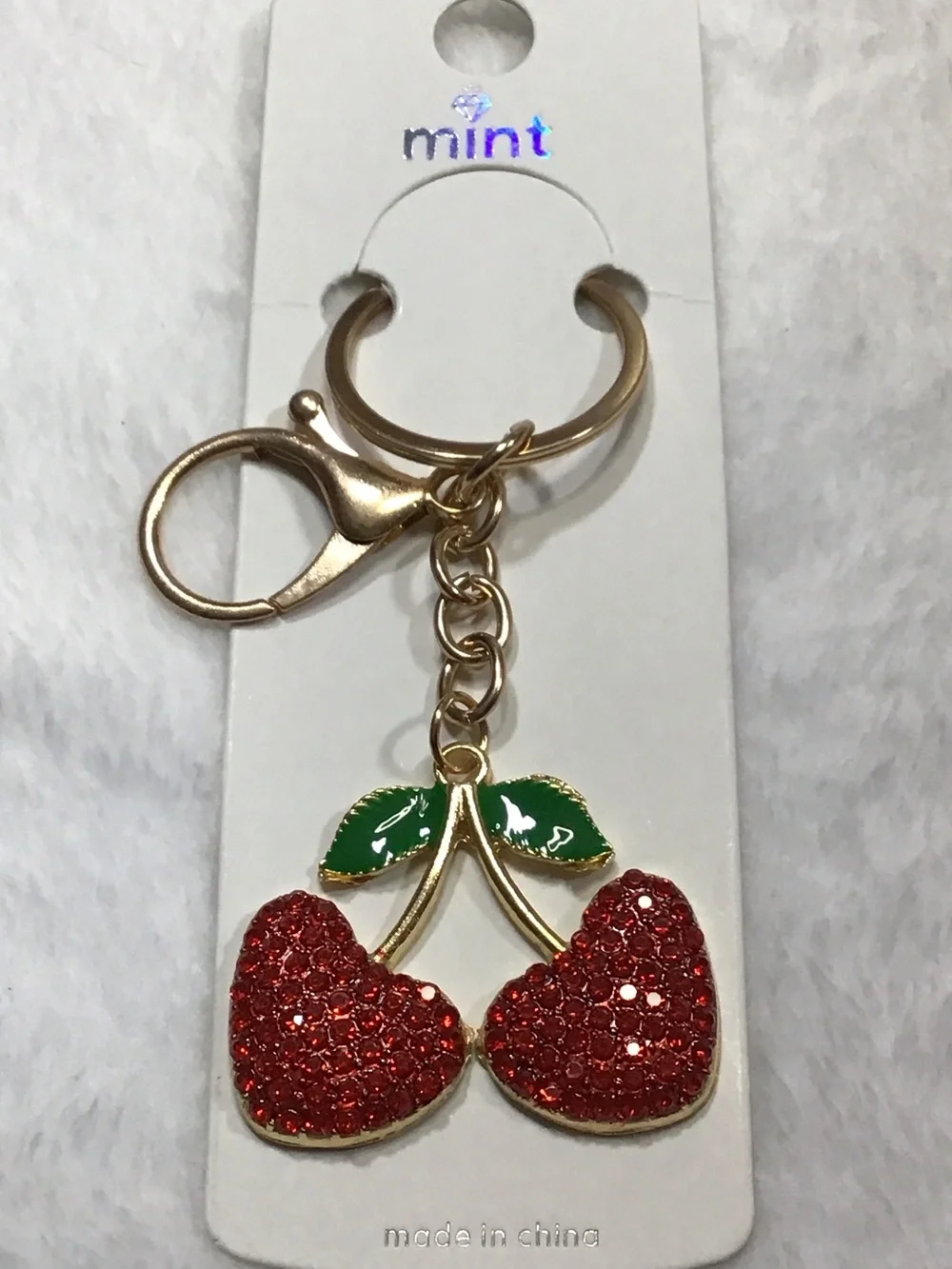 Mint Gold-Tone Red Crystal Cherry Key & Card Holder Charm